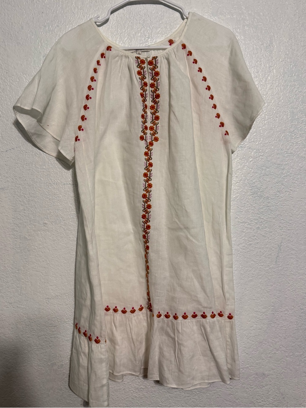 Madewell Embroidered Boho Shift Dress XL White Floral Short Sleeve Ruffle Hem - Picture 2 of 6
